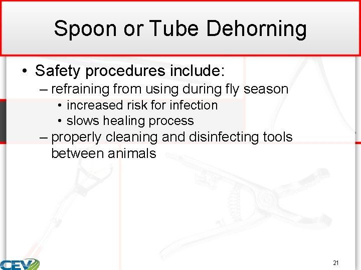 Spoon or Tube Dehorning • Safety procedures include: – refraining from using during fly