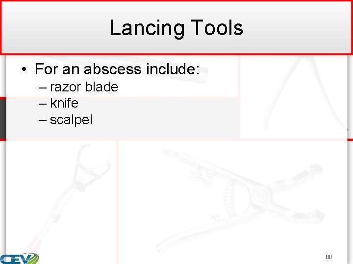 Lancing Tools • For an abscess include: – razor blade – knife – scalpel
