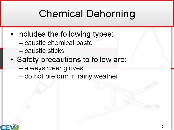 Chemical Dehorning • Includes the following types: – caustic chemical paste – causticks •
