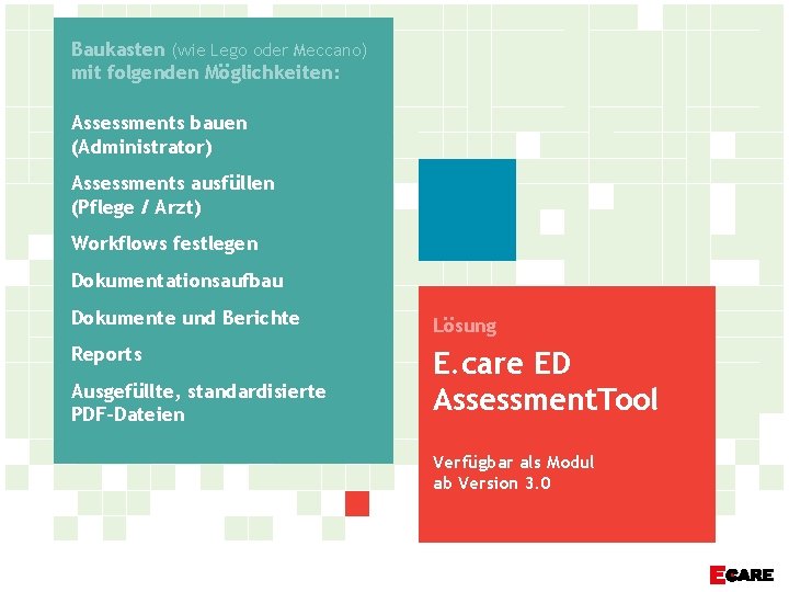 Baukasten (wie Lego oder Meccano) mit folgenden Möglichkeiten: Assessments bauen (Administrator) Assessments ausfüllen (Pflege