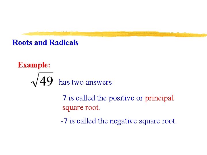 Roots and Radicals Example: has two answers: 7 is called the positive or principal