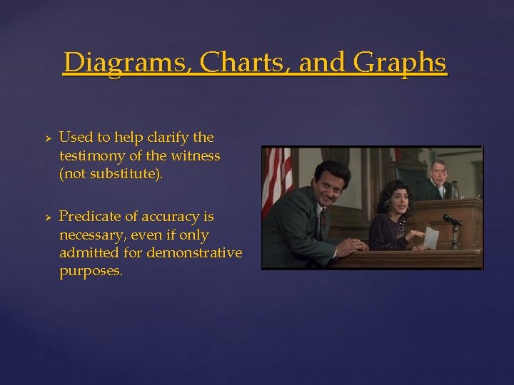 Diagrams, Charts, and Graphs Ø Ø Used to help clarify the testimony of the