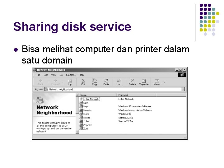 Sharing disk service l Bisa melihat computer dan printer dalam satu domain 