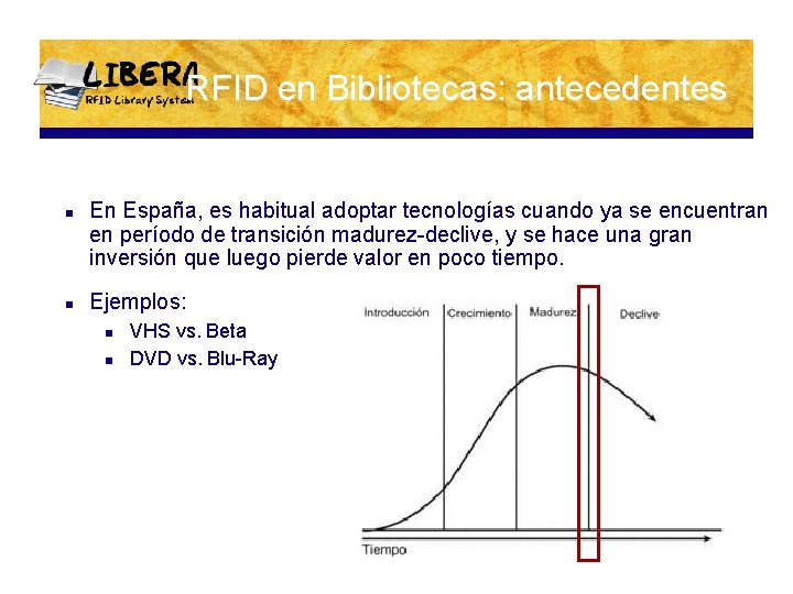 RFID en Bibliotecas: antecedentes n n En España, es habitual adoptar tecnologías cuando ya