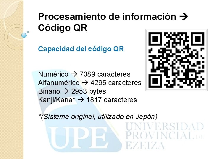 Procesamiento de información Código QR Capacidad del código QR Numérico 7089 caracteres Alfanumérico 4296