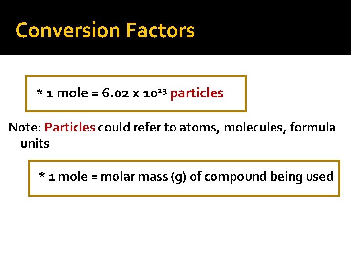 Conversion Factors * 1 mole = 6. 02 x 1023 particles Note: Particles could