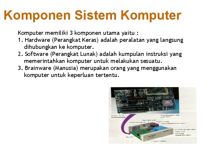 Komponen Sistem Komputer memiliki 3 komponen utama yaitu : 1. Hardware (Perangkat Keras) adalah