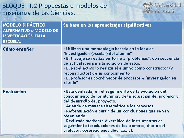 BLOQUE III. 2 Propuestas o modelos de Enseñanza de las Ciencias. MODELO DIDÁCTICO ALTERNATIVO