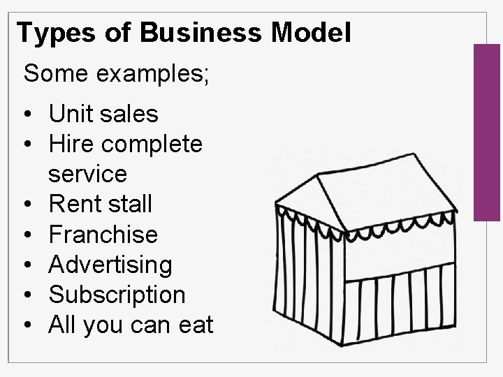 Types of Business Model Some examples; • Unit sales • Hire complete service •