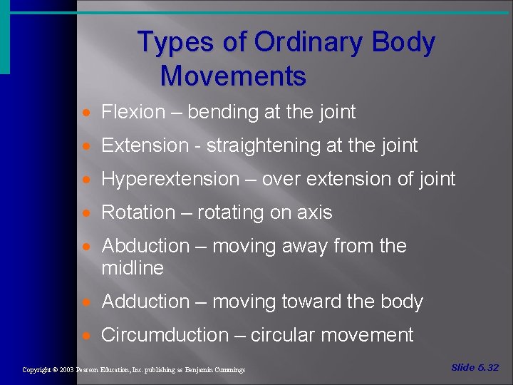 Types of Ordinary Body Movements · Flexion – bending at the joint · Extension