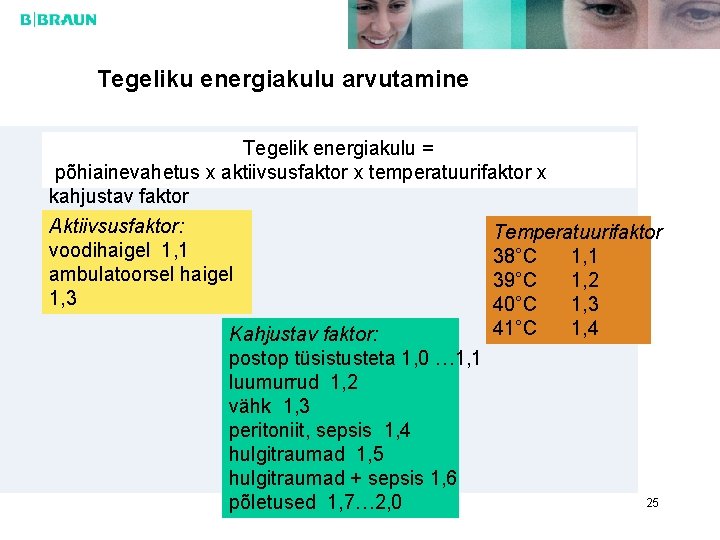 Tegeliku energiakulu arvutamine Tegelik energiakulu = põhiainevahetus x aktiivsusfaktor x temperatuurifaktor x kahjustav faktor