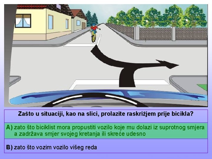 Zašto u situaciji, kao na slici, prolazite raskrižjem prije bicikla? A) zato što biciklist