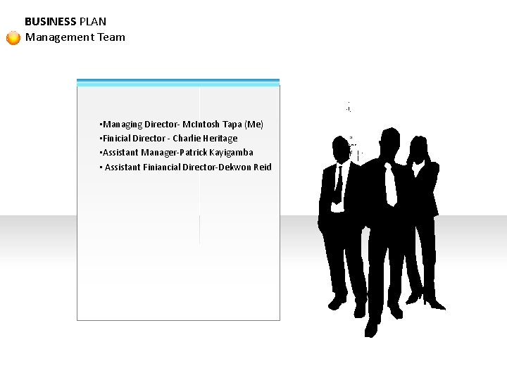 BUSINESS PLAN Management Team • Managing Director- Mc. Intosh Tapa (Me) • Finicial Director