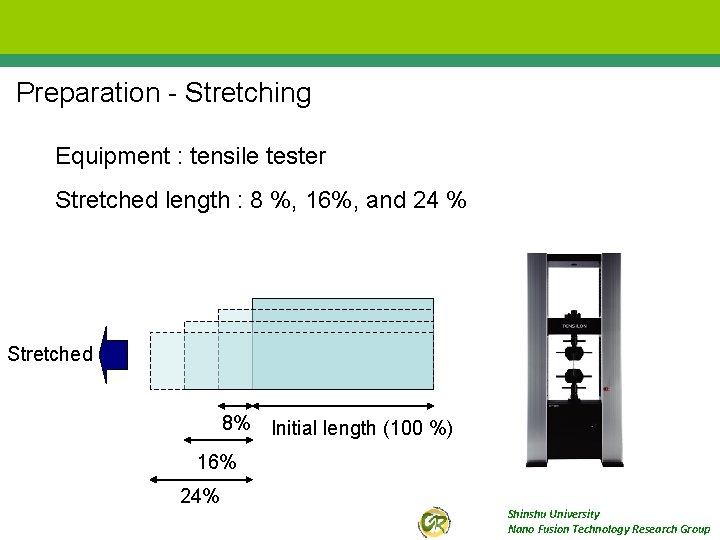 Preparation - Stretching Equipment : tensile tester Stretched length : 8 %, 16%, and