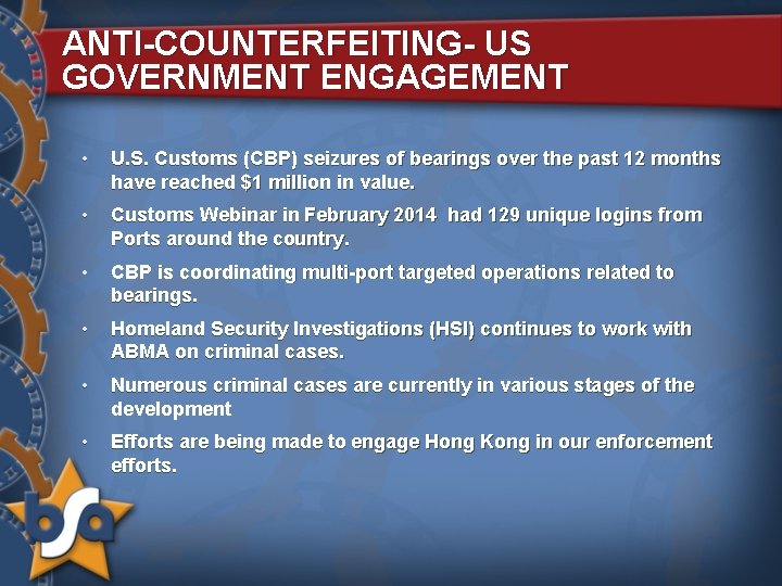 ANTI-COUNTERFEITING- US GOVERNMENT ENGAGEMENT • U. S. Customs (CBP) seizures of bearings over the