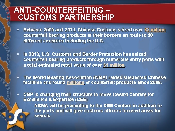 ANTI-COUNTERFEITING – CUSTOMS PARTNERSHIP § Between 2009 and 2013, Chinese Customs seized over $3