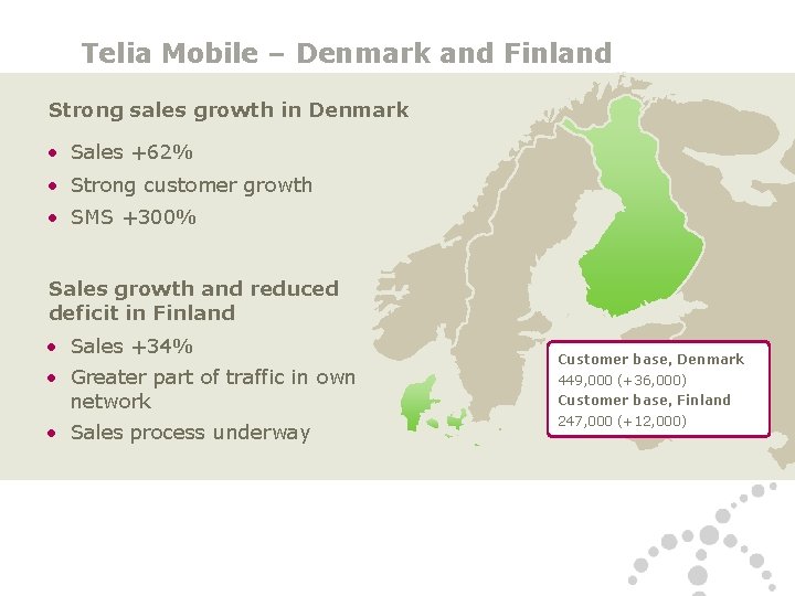 Telia Mobile – Denmark and Finland Strong sales growth in Denmark • Sales +62%