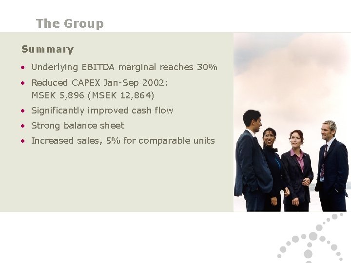 The Group Summary • Underlying EBITDA marginal reaches 30% • Reduced CAPEX Jan-Sep 2002: