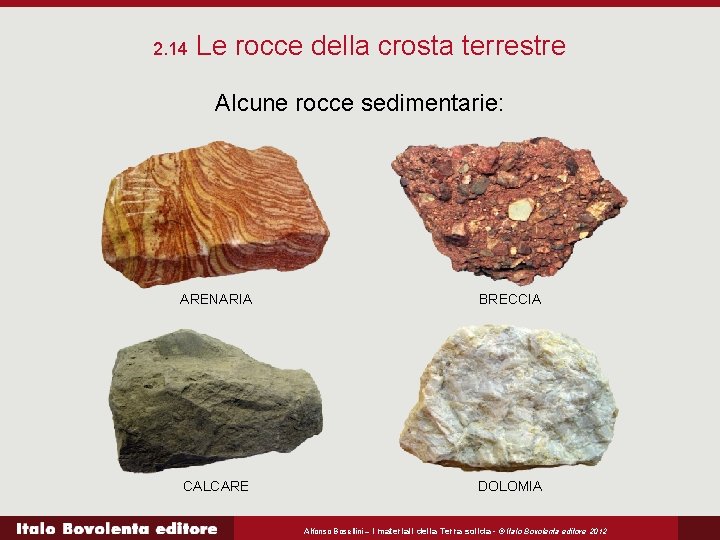 2. 14 Le rocce della crosta terrestre Alcune rocce sedimentarie: ARENARIA BRECCIA CALCARE DOLOMIA