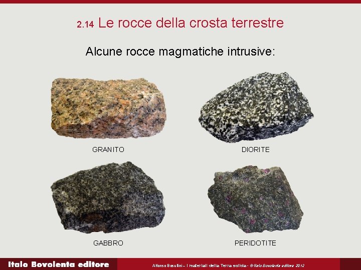 2. 14 Le rocce della crosta terrestre Alcune rocce magmatiche intrusive: GRANITO DIORITE GABBRO