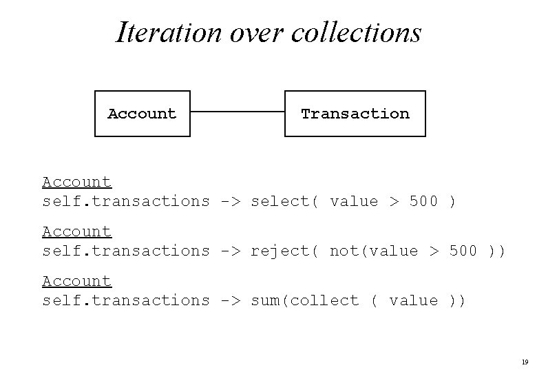 Iteration over collections Account Transaction Account self. transactions -> select( value > 500 )