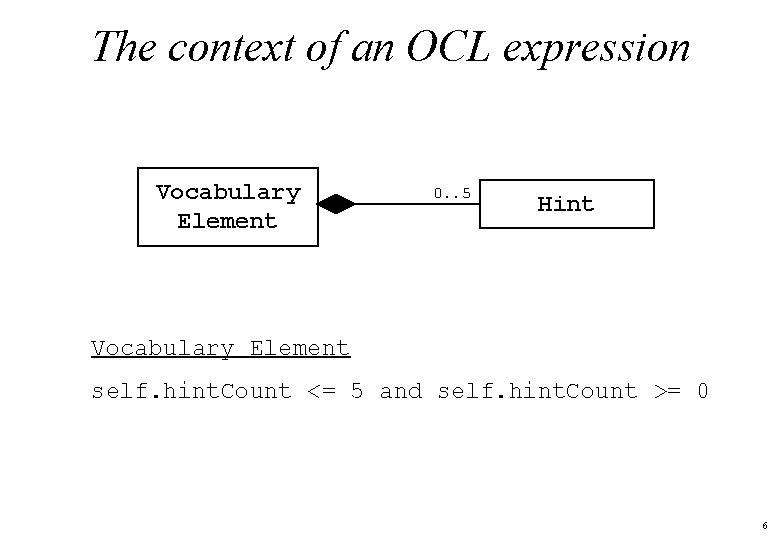 The context of an OCL expression Vocabulary Element 0. . 5 Hint Vocabulary Element