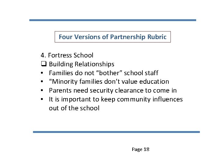 Four Versions of Partnership Rubric 4. Fortress School q Building Relationships • Families do