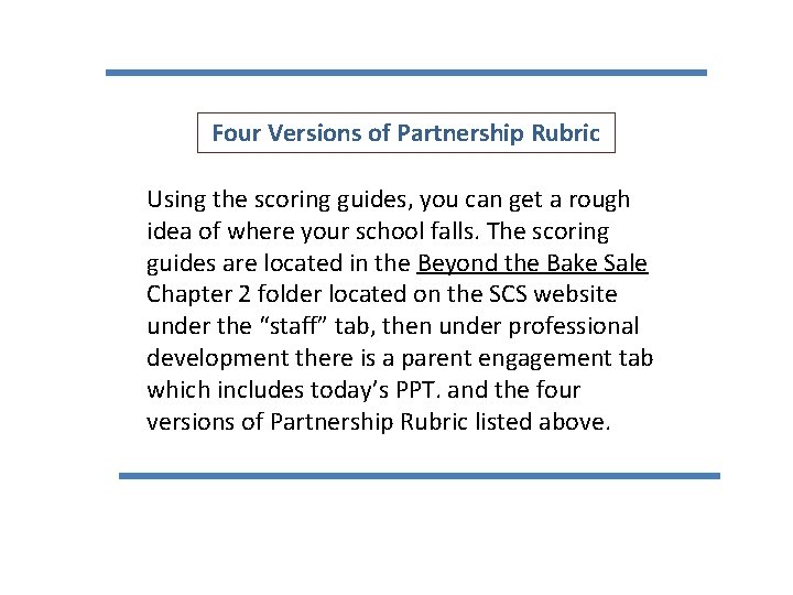 Four Versions of Partnership Rubric Using the scoring guides, you can get a rough