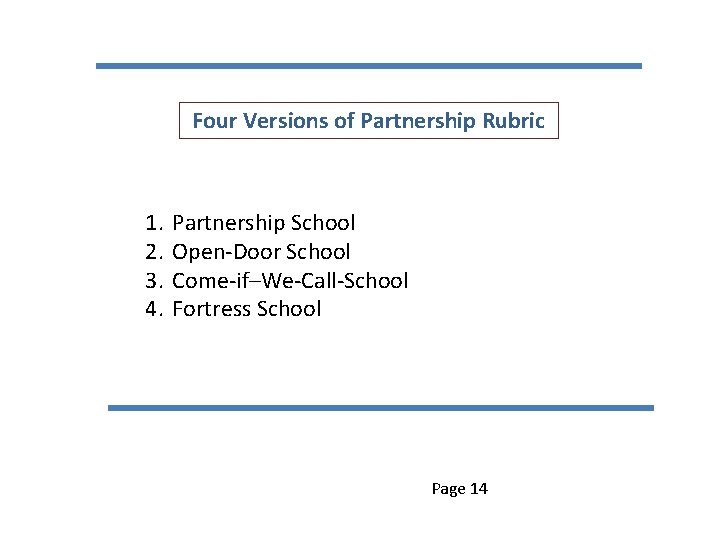 Four Versions of Partnership Rubric 1. 2. 3. 4. Partnership School Open-Door School Come-if–We-Call-School