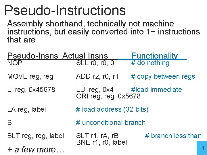 Pseudo-Instructions Assembly shorthand, technically not machine instructions, but easily converted into 1+ instructions that