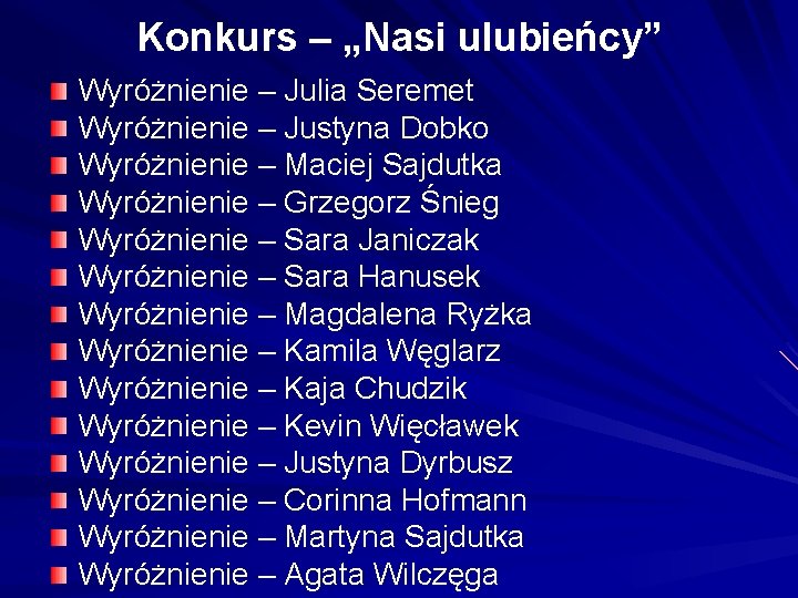 Konkurs – „Nasi ulubieńcy” Wyróżnienie – Julia Seremet Wyróżnienie – Justyna Dobko Wyróżnienie –