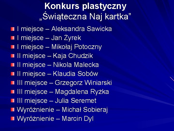 Konkurs plastyczny „Świąteczna Naj kartka” I miejsce – Aleksandra Sawicka I miejsce – Jan