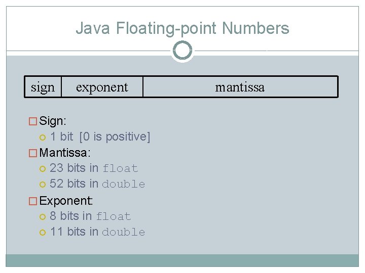 Java Floating-point Numbers sign exponent � Sign: 1 bit [0 is positive] � Mantissa: