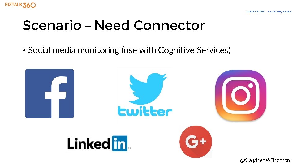 JUNE 4– 6, 2018 etc. venues, London Scenario – Need Connector • Social media