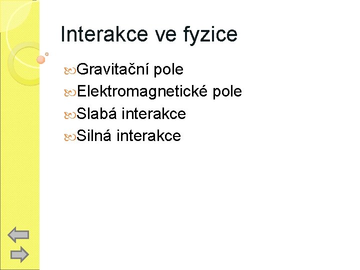 Interakce ve fyzice Gravitační pole Elektromagnetické pole Slabá interakce Silná interakce 