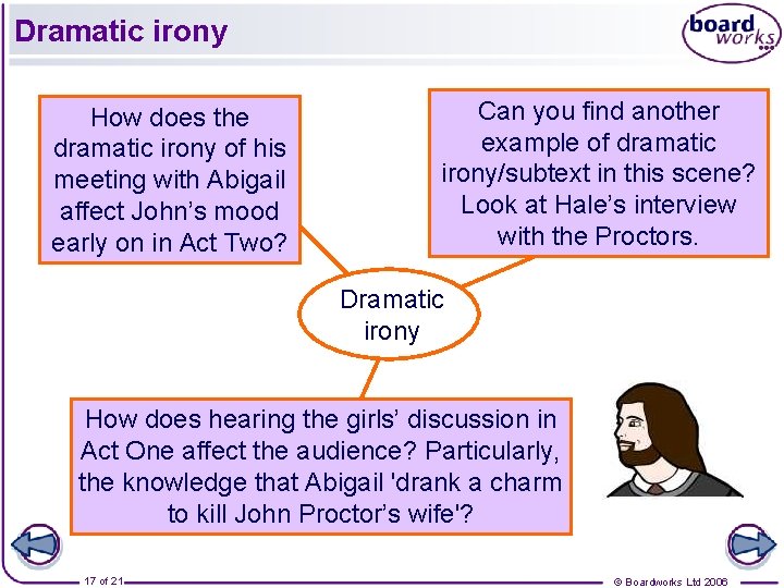 Dramatic irony How does the dramatic irony of his meeting with Abigail affect John’s