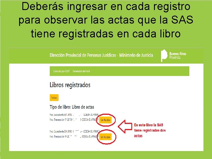 Deberás ingresar en cada registro para observar las actas que la SAS tiene registradas