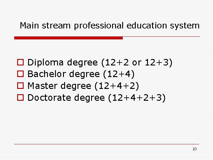 Main stream professional education system o o Diploma degree (12+2 or 12+3) Bachelor degree