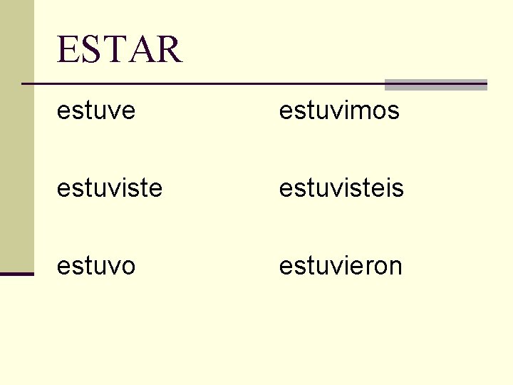 ESTAR estuve estuvimos estuvisteis estuvo estuvieron ESTAR estuve estuvimos estuvisteis estuvo estuvieron