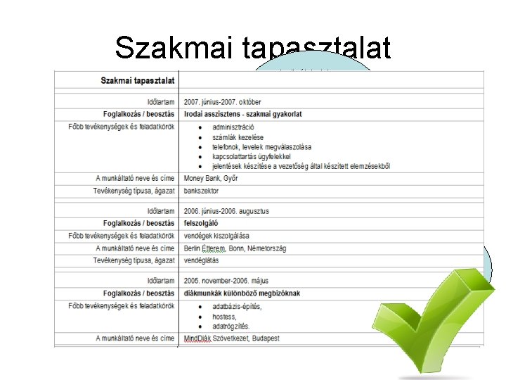 Szakmai tapasztalat Az önéletrajzban a felsorolással kronológiailag visszafele kell haladni: legfelülre kerüljön a legfrissebb