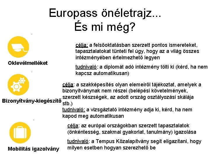 Europass önéletrajz. . . És mi még? Oklevélmelléket célja: a felsőoktatásban szerzett pontos ismereteket,