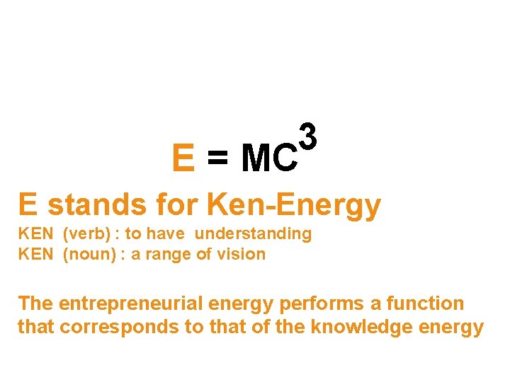 3 E = MC E stands for Ken-Energy KEN (verb) : to have understanding