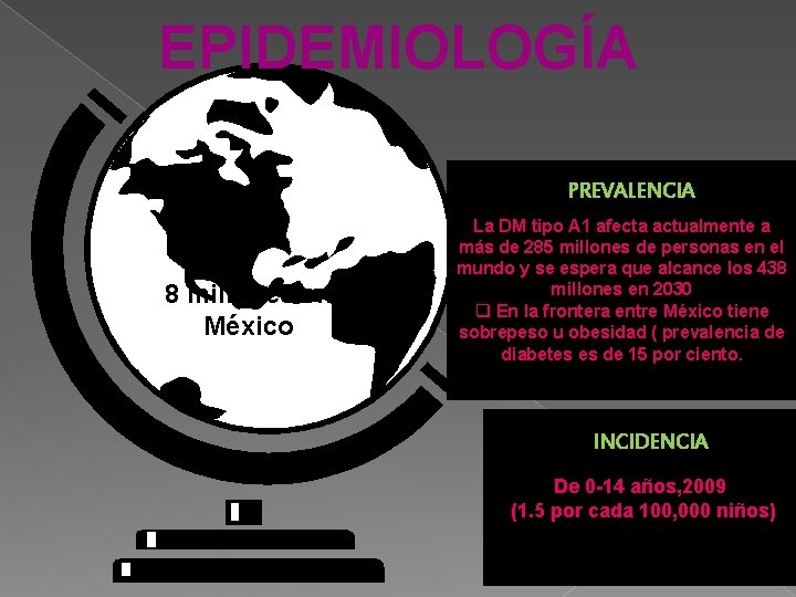 EPIDEMIOLOGÍA PREVALENCIA 8 millones en México La DM tipo A 1 afecta actualmente a