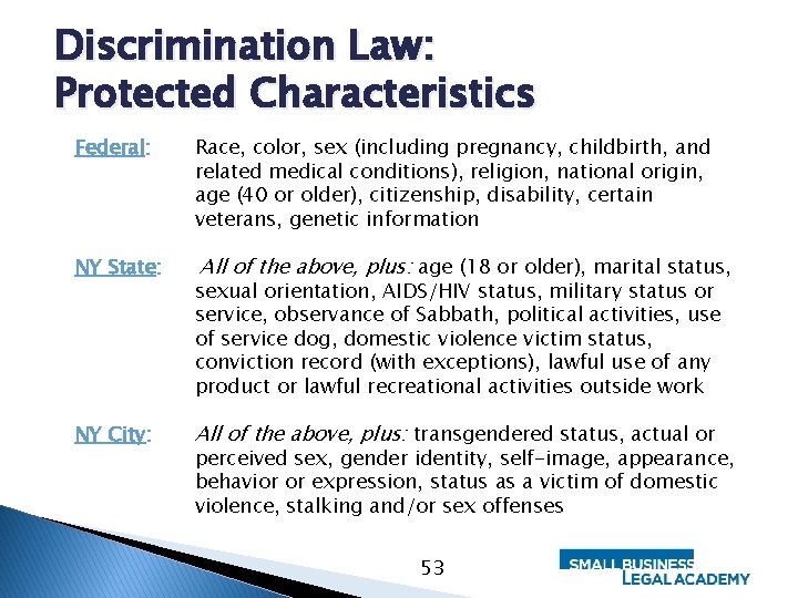 Discrimination Law: Protected Characteristics Federal: Race, color, sex (including pregnancy, childbirth, and related medical