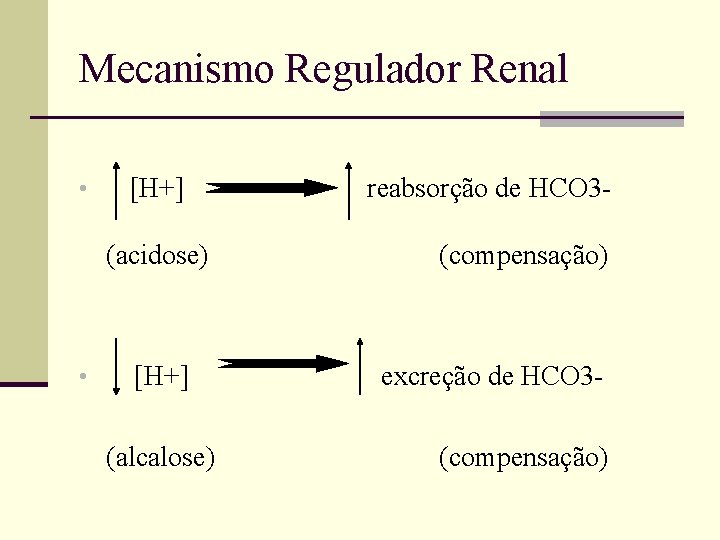 Mecanismo Regulador Renal • [H+] (acidose) • [H+] (alcalose) reabsorção de HCO 3(compensação) excreção