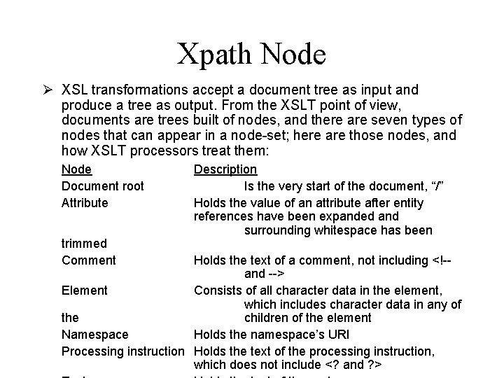 Xpath Node Ø XSL transformations accept a document tree as input and produce a