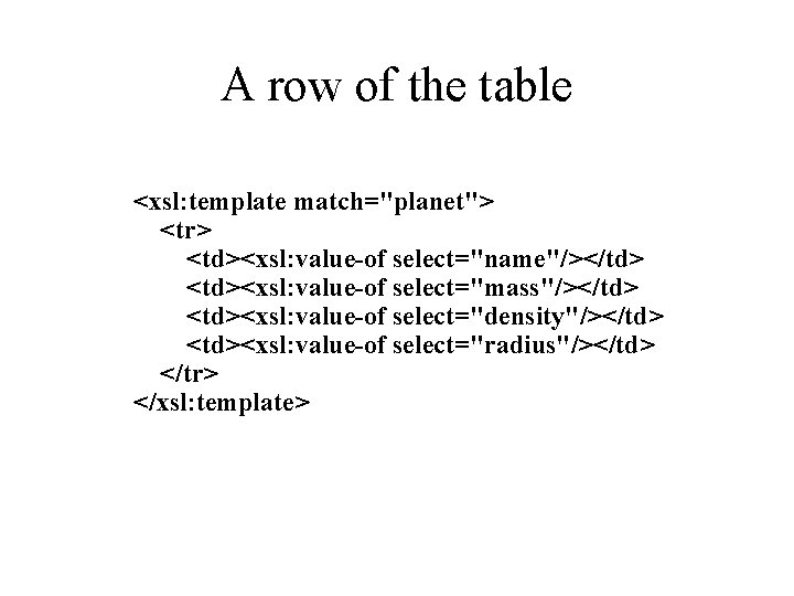 A row of the table <xsl: template match="planet"> <tr> <td><xsl: value-of select="name"/></td> <td><xsl: value-of