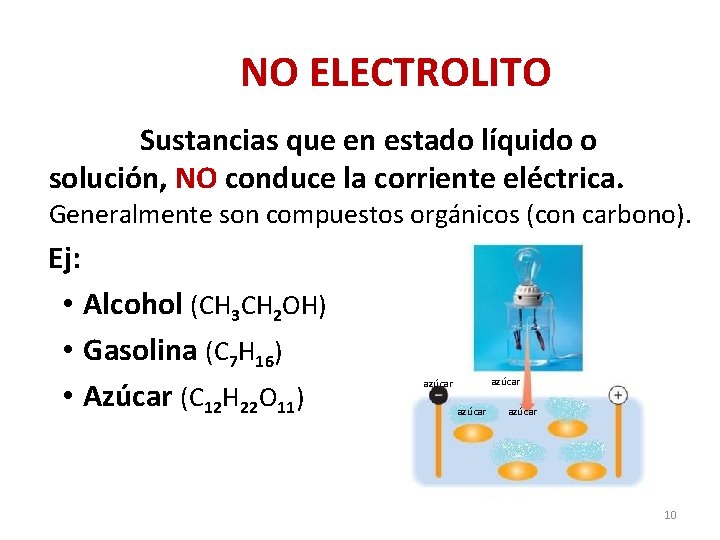 NO ELECTROLITO Sustancias que en estado líquido o solución, NO conduce la corriente eléctrica.