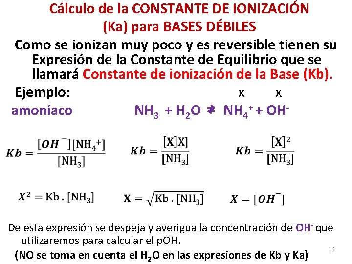 Cálculo de la CONSTANTE DE IONIZACIÓN (Ka) para BASES DÉBILES Como se ionizan muy
