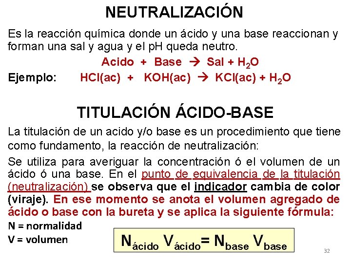 NEUTRALIZACIÓN Es la reacción química donde un ácido y una base reaccionan y forman